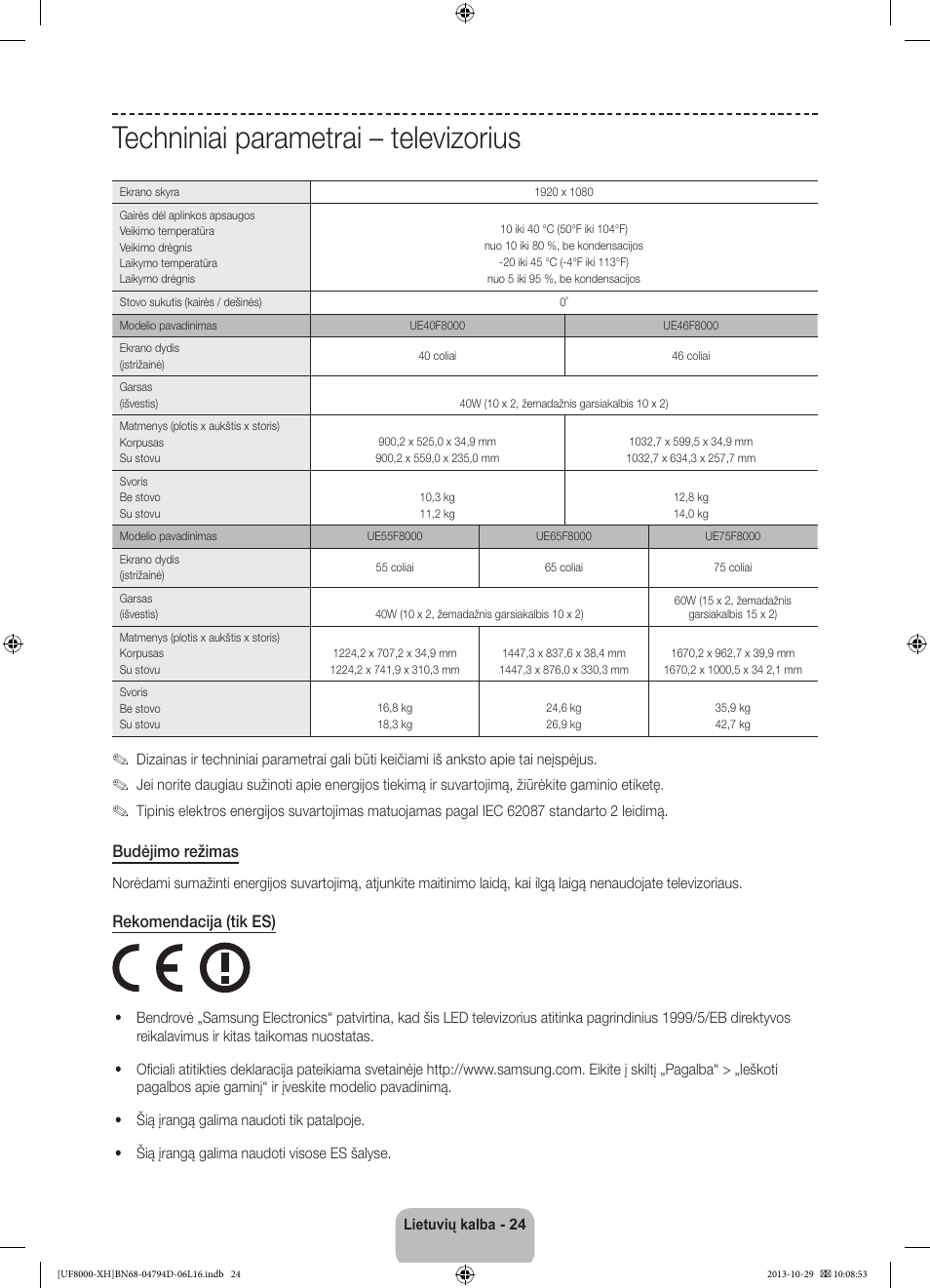 Techniniai parametrai – televizorius, Budėjimo režimas, Rekomendacija (tik es) | Samsung UE75F8000ST User Manual | Page 360 / 385