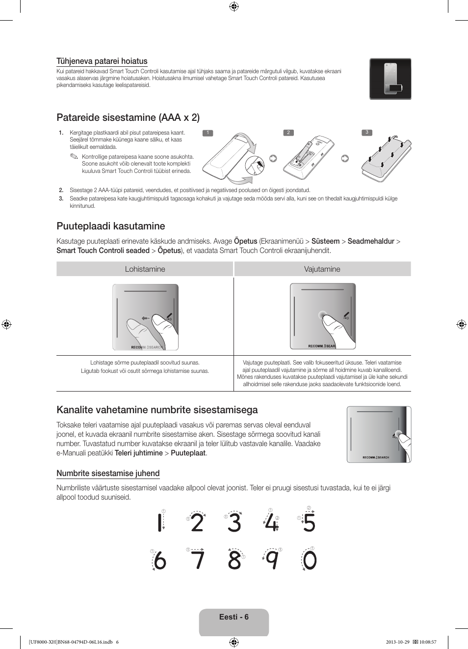 Patareide sisestamine (aaa x 2), Puuteplaadi kasutamine, Kanalite vahetamine numbrite sisestamisega | Samsung UE75F8000ST User Manual | Page 366 / 385