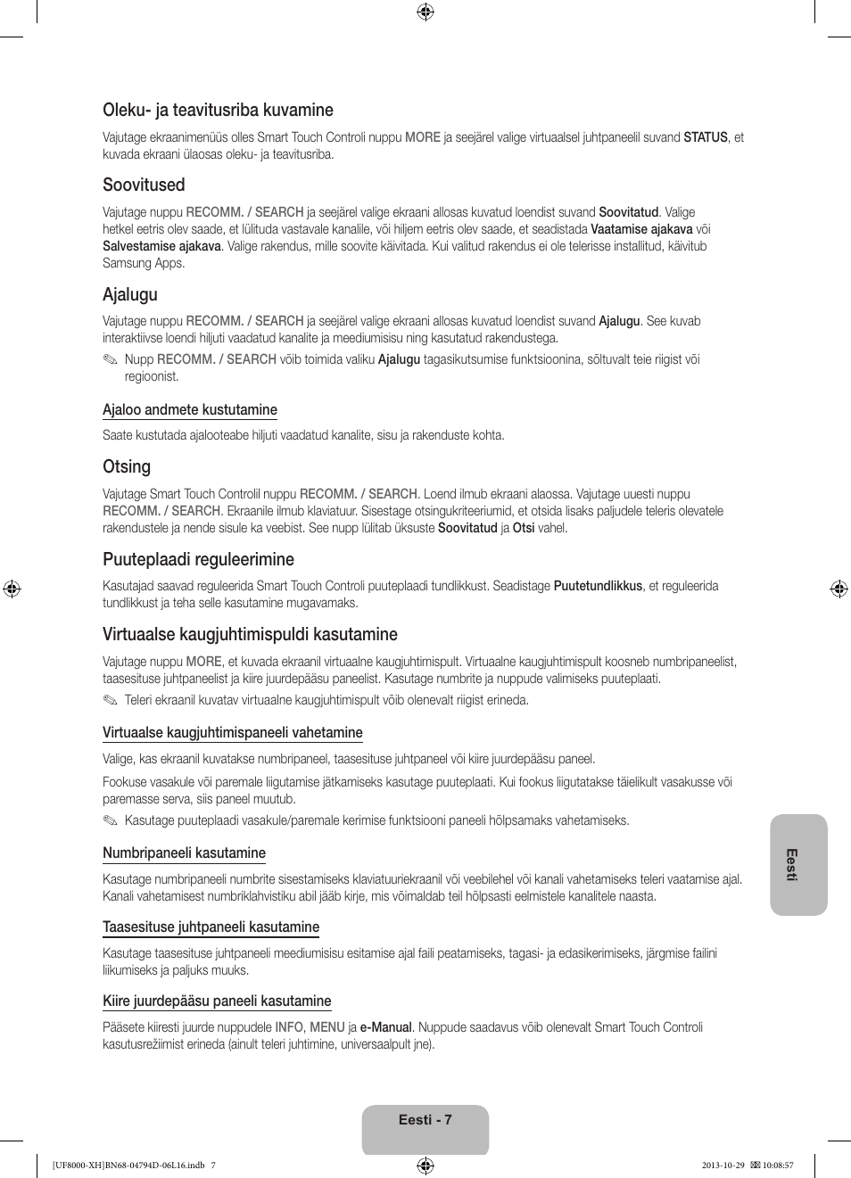 Oleku- ja teavitusriba kuvamine, Soovitused, Ajalugu | Otsing, Puuteplaadi reguleerimine, Virtuaalse kaugjuhtimispuldi kasutamine | Samsung UE75F8000ST User Manual | Page 367 / 385