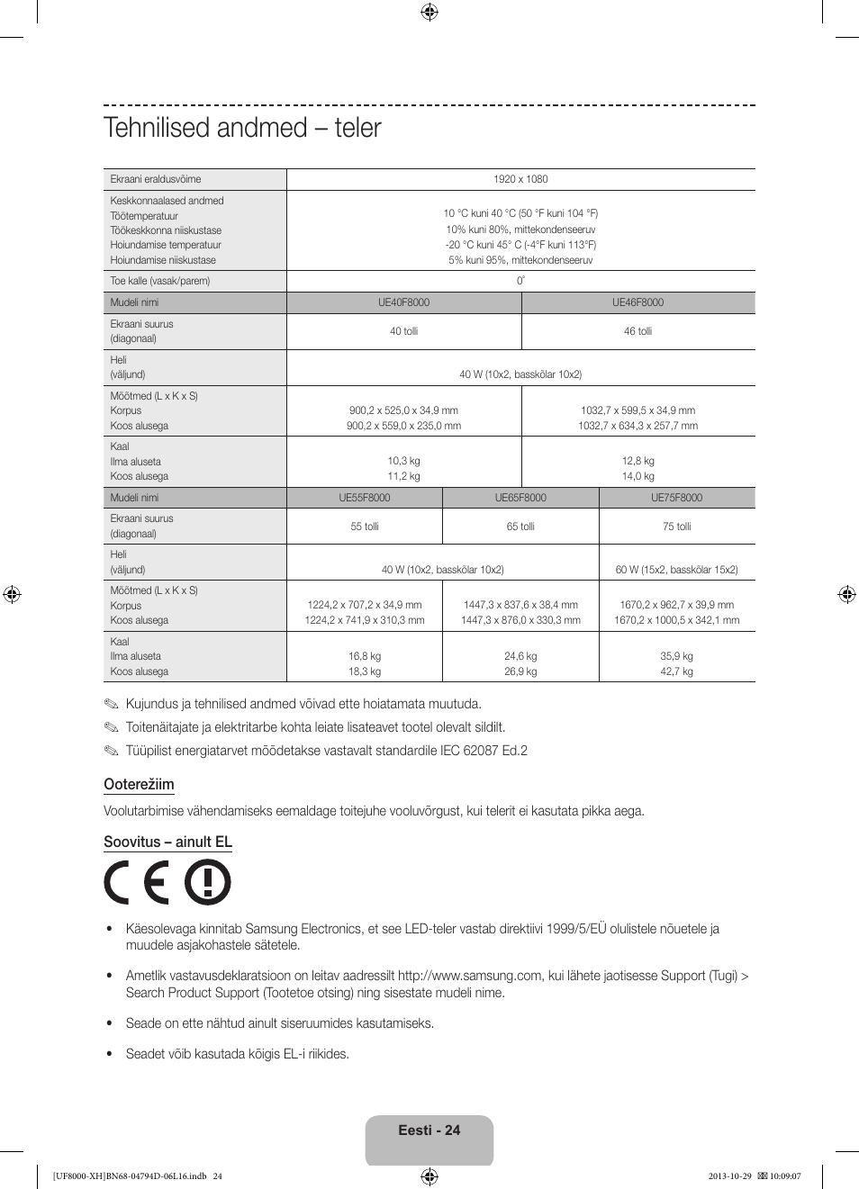 Tehnilised andmed – teler, Ooterežiim, Soovitus – ainult el | Samsung UE75F8000ST User Manual | Page 384 / 385