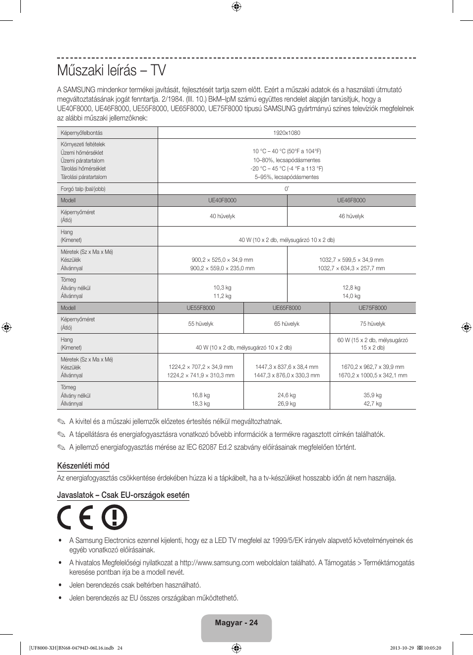 Műszaki leírás – tv, Készenléti mód, Javaslatok – csak eu-országok esetén | Samsung UE75F8000ST User Manual | Page 48 / 385
