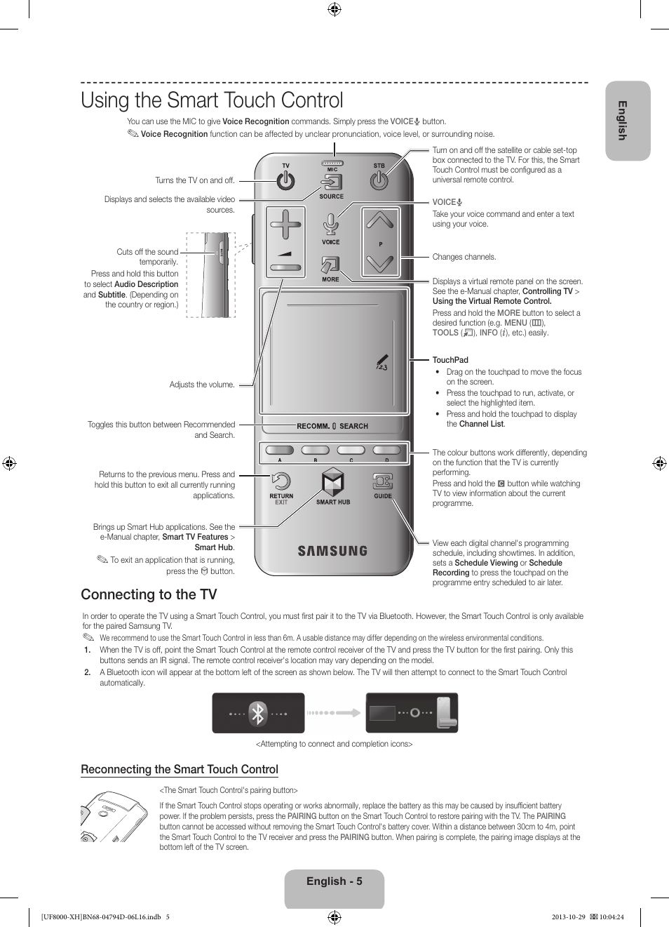 Using the smart touch control, Connecting to the tv, Reconnecting the smart touch control | Samsung UE75F8000ST User Manual | Page 5 / 385