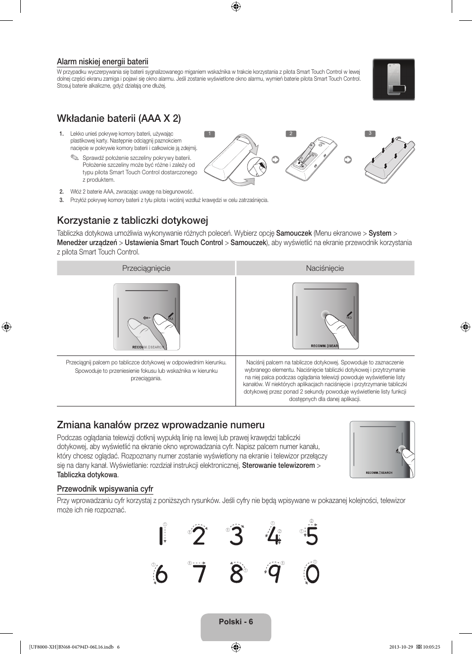 Wkładanie baterii (aaa x 2), Korzystanie z tabliczki dotykowej, Zmiana kanałów przez wprowadzanie numeru | Samsung UE75F8000ST User Manual | Page 54 / 385