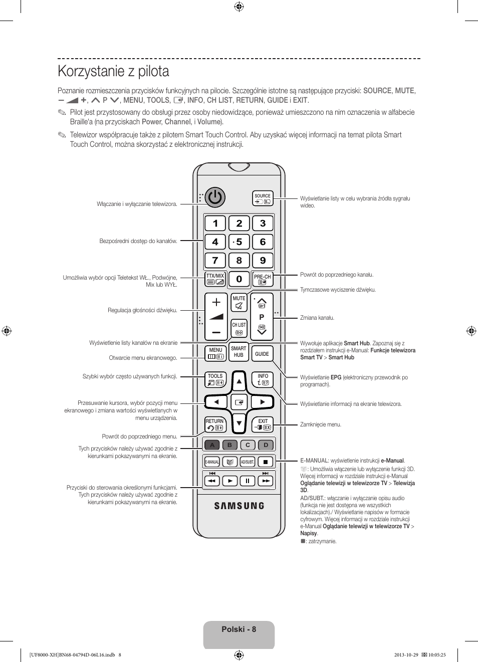 Korzystanie z pilota | Samsung UE75F8000ST User Manual | Page 56 / 385