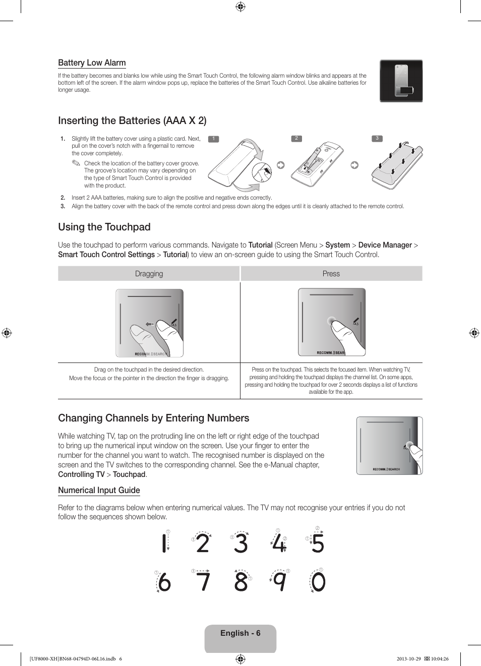 Inserting the batteries (aaa x 2), Using the touchpad, Changing channels by entering numbers | Samsung UE75F8000ST User Manual | Page 6 / 385