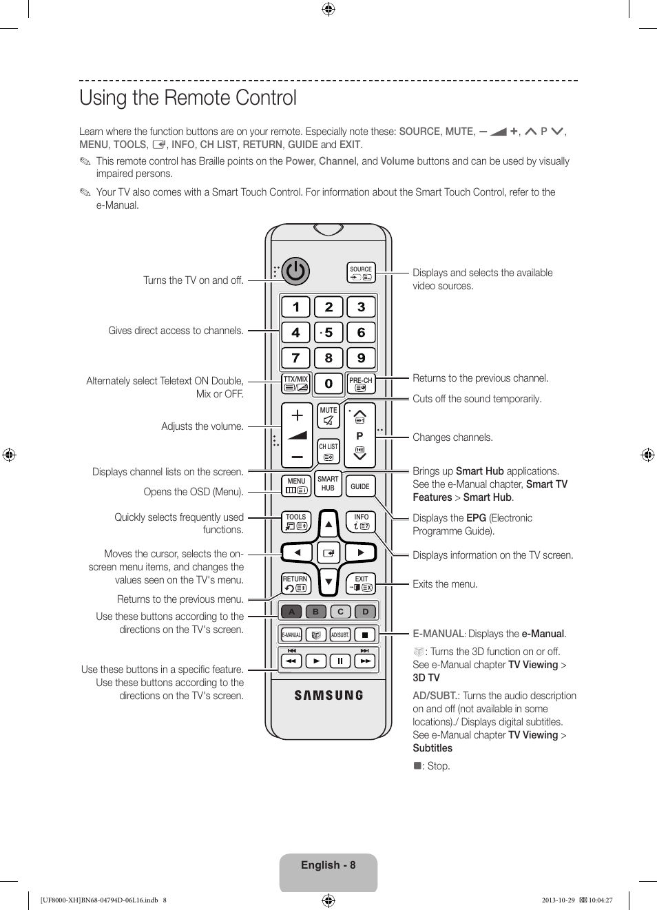 Using the remote control | Samsung UE75F8000ST User Manual | Page 8 / 385