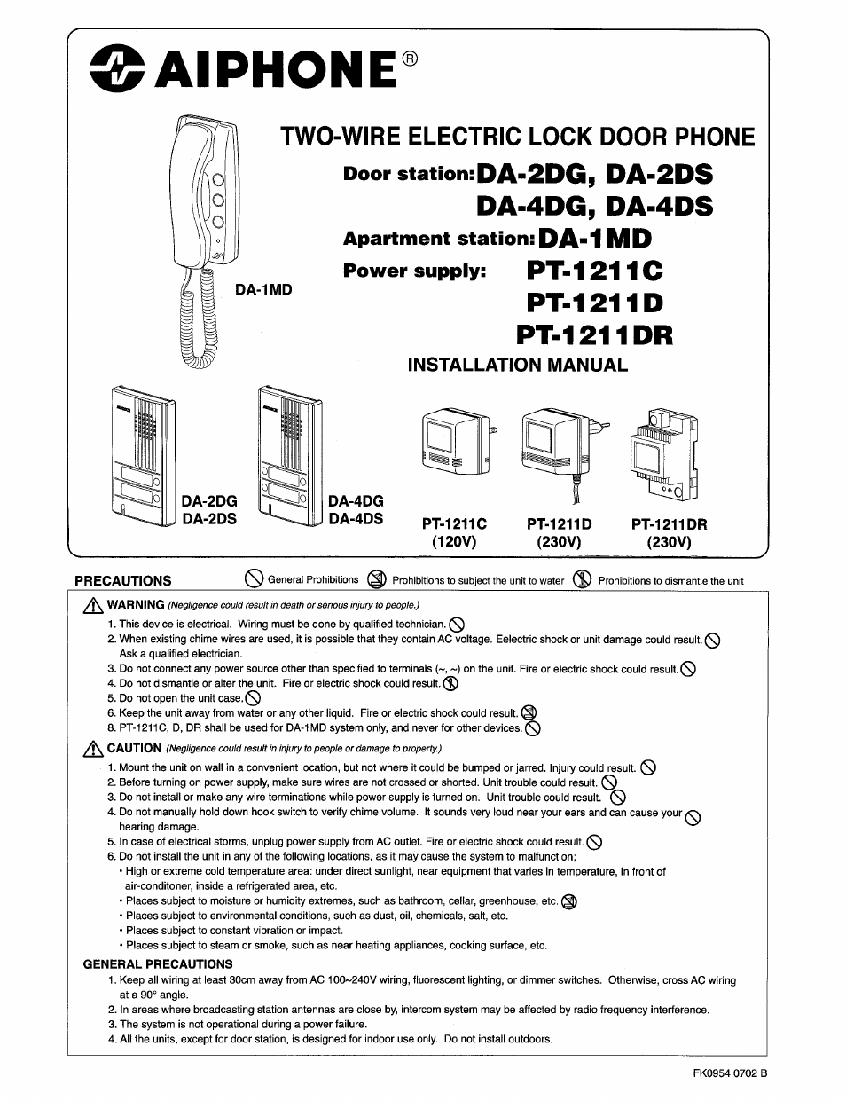 Aiphone DA-1MD User Manual | 4 pages