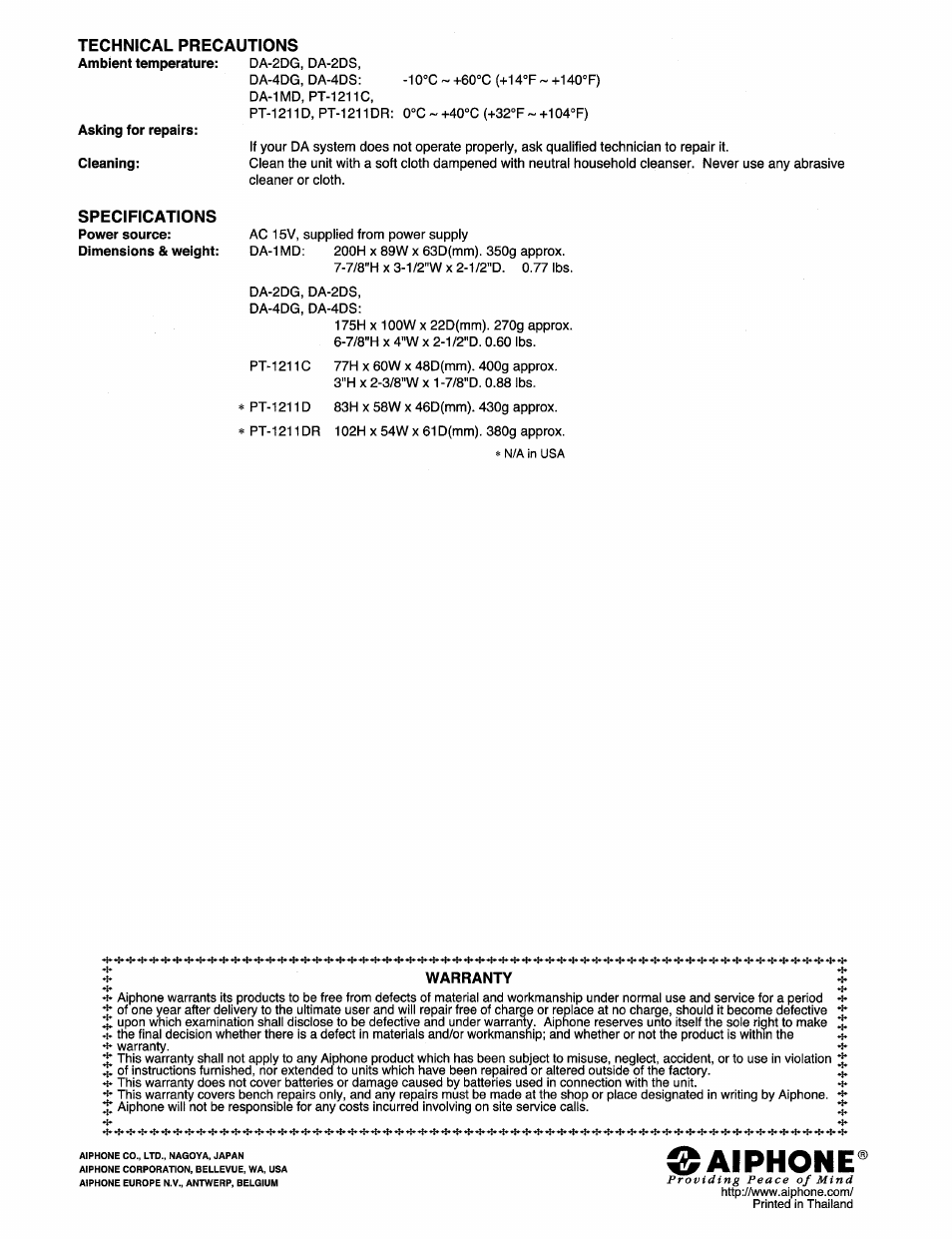 Technical precautions, Specifications, Aiphone | Aiphone DA-1MD User Manual | Page 4 / 4