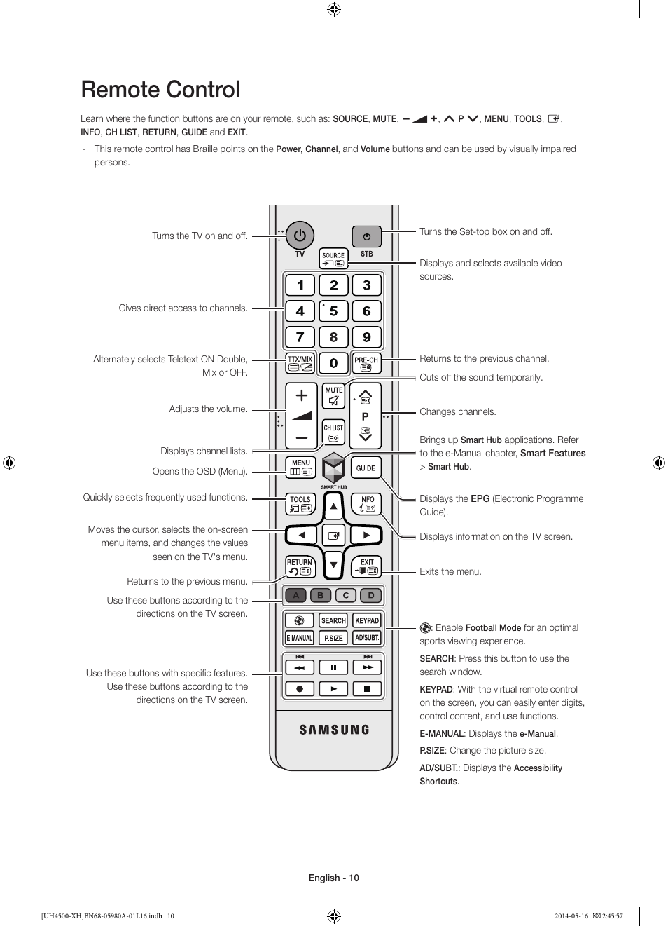 Remote control | Samsung UE32H4510AW User Manual | Page 10 / 289