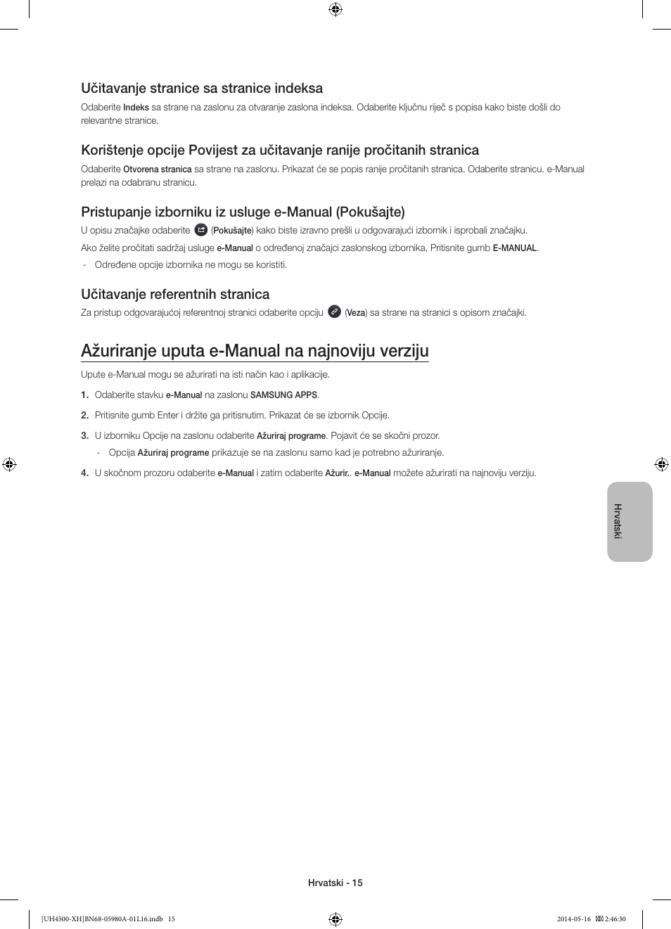 Ažuriranje uputa e-manual na najnoviju verziju, Učitavanje stranice sa stranice indeksa, Učitavanje referentnih stranica | Samsung UE32H4510AW User Manual | Page 105 / 289