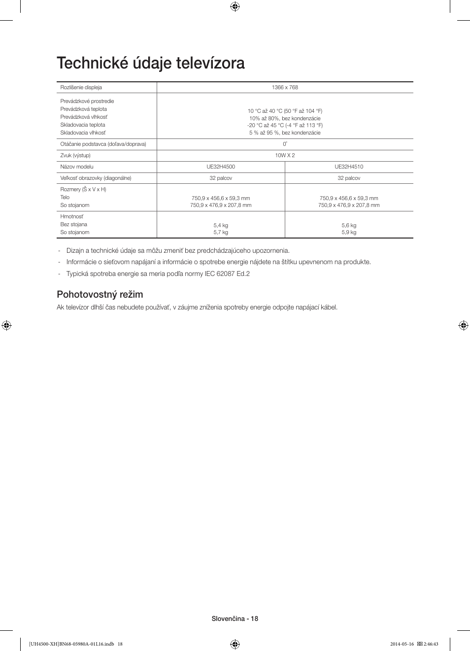 Technické údaje televízora, Pohotovostný režim | Samsung UE32H4510AW User Manual | Page 144 / 289