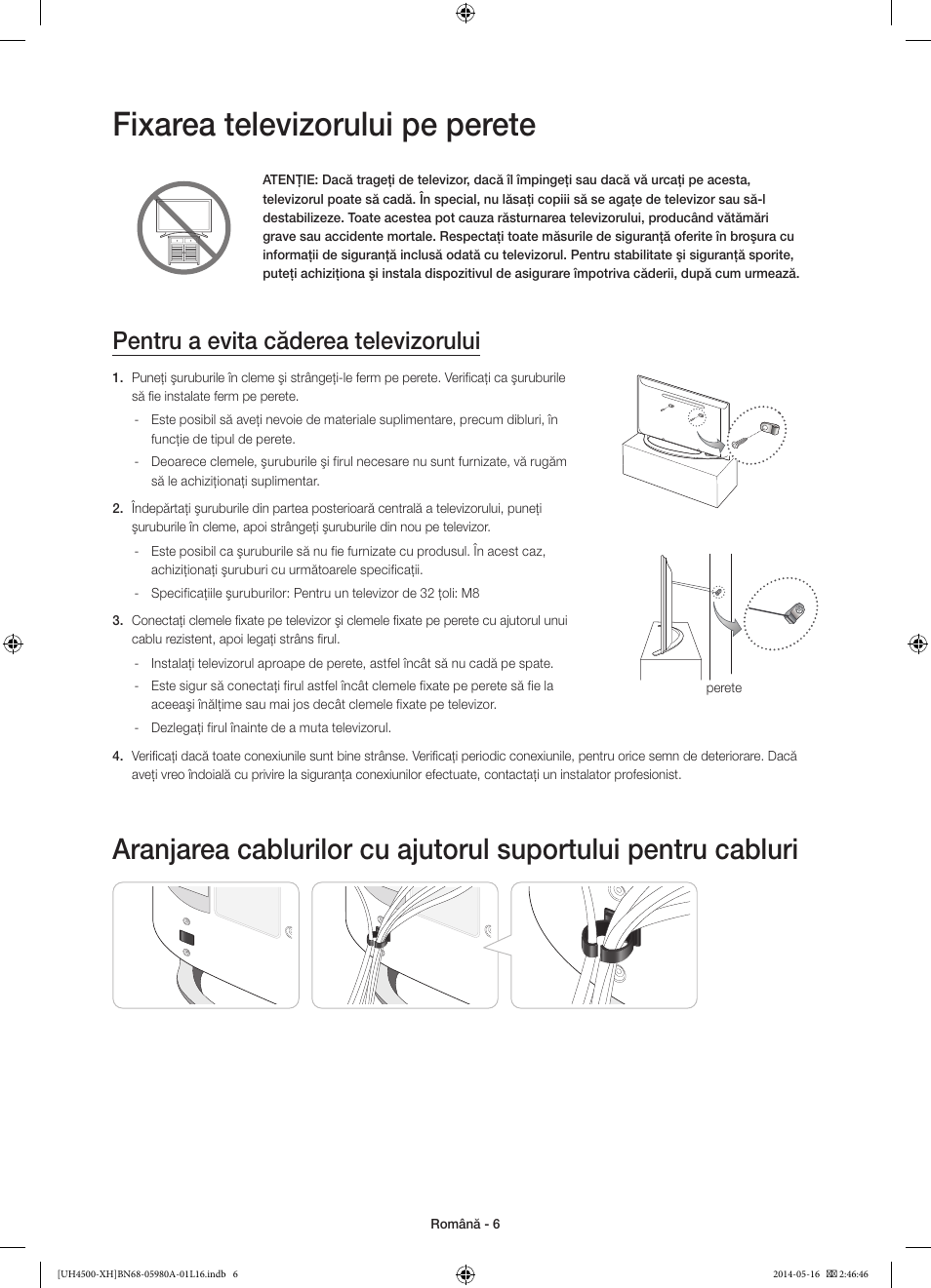 Fixarea televizorului pe perete, Pentru a evita căderea televizorului | Samsung UE32H4510AW User Manual | Page 150 / 289