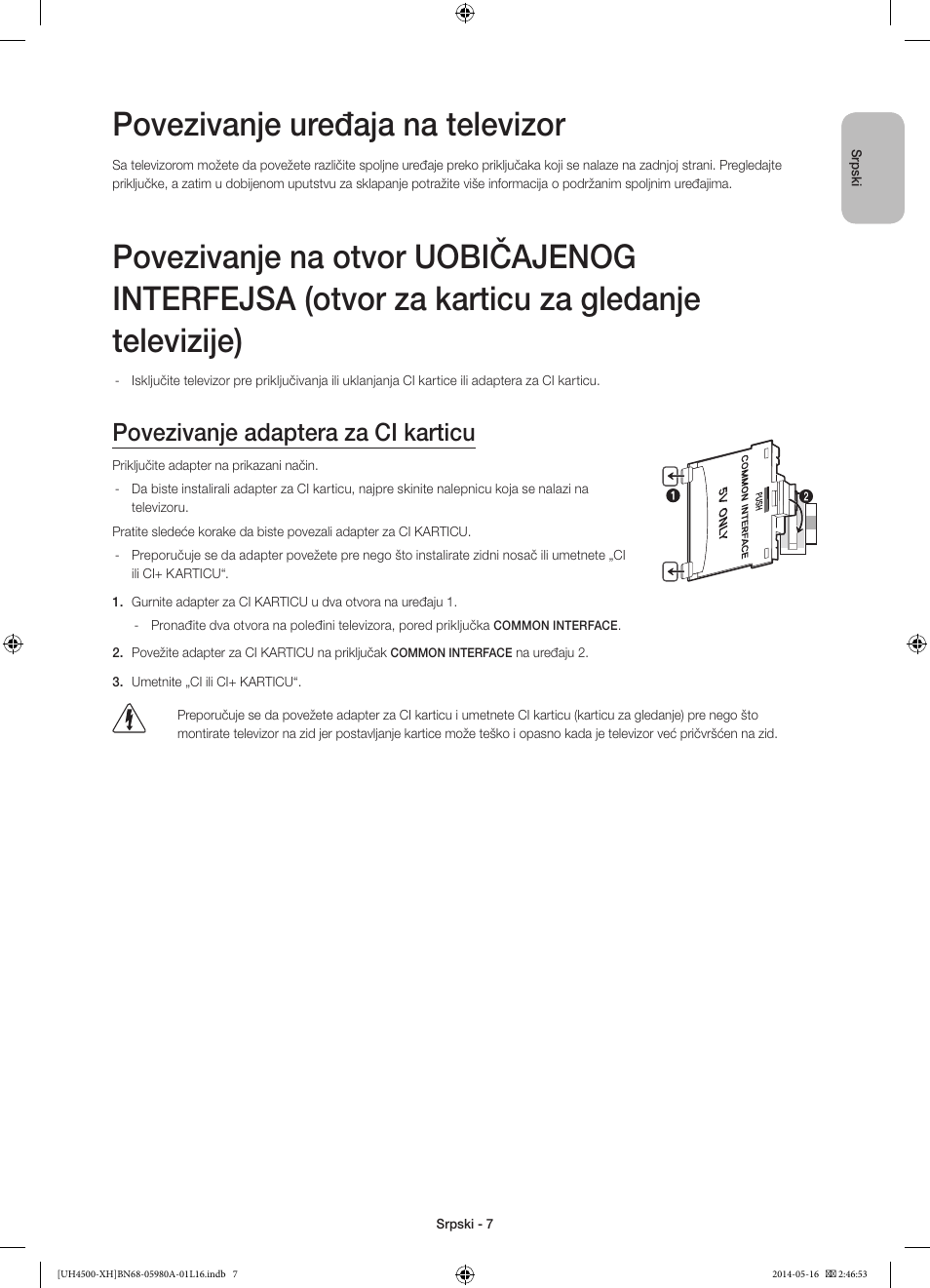 Povezivanje uređaja na televizor, Povezivanje adaptera za ci karticu | Samsung UE32H4510AW User Manual | Page 169 / 289