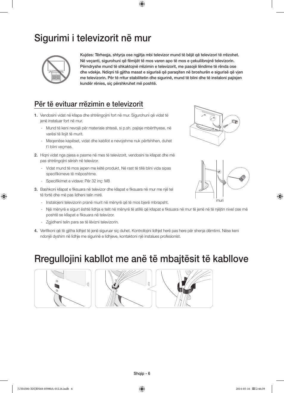 Sigurimi i televizorit në mur, Për të evituar rrëzimin e televizorit | Samsung UE32H4510AW User Manual | Page 186 / 289