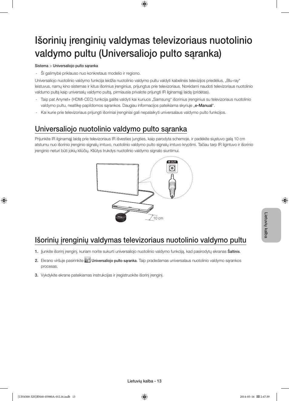 Universaliojo nuotolinio valdymo pulto sąranka | Samsung UE32H4510AW User Manual | Page 265 / 289