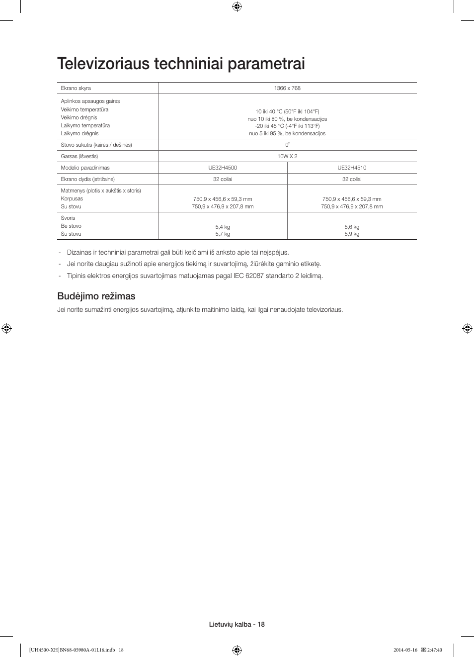 Televizoriaus techniniai parametrai, Budėjimo režimas | Samsung UE32H4510AW User Manual | Page 270 / 289