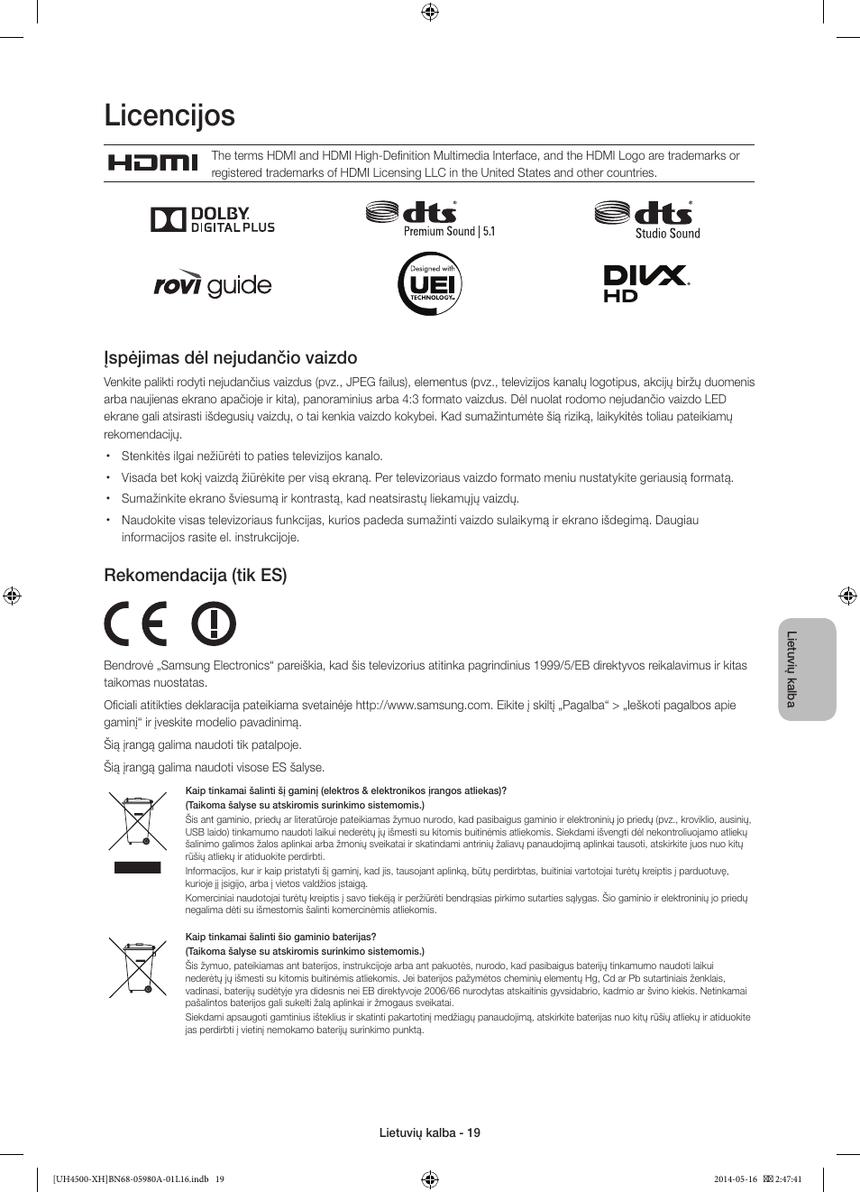 Licencijos, Įspėjimas dėl nejudančio vaizdo, Rekomendacija (tik es) | Samsung UE32H4510AW User Manual | Page 271 / 289