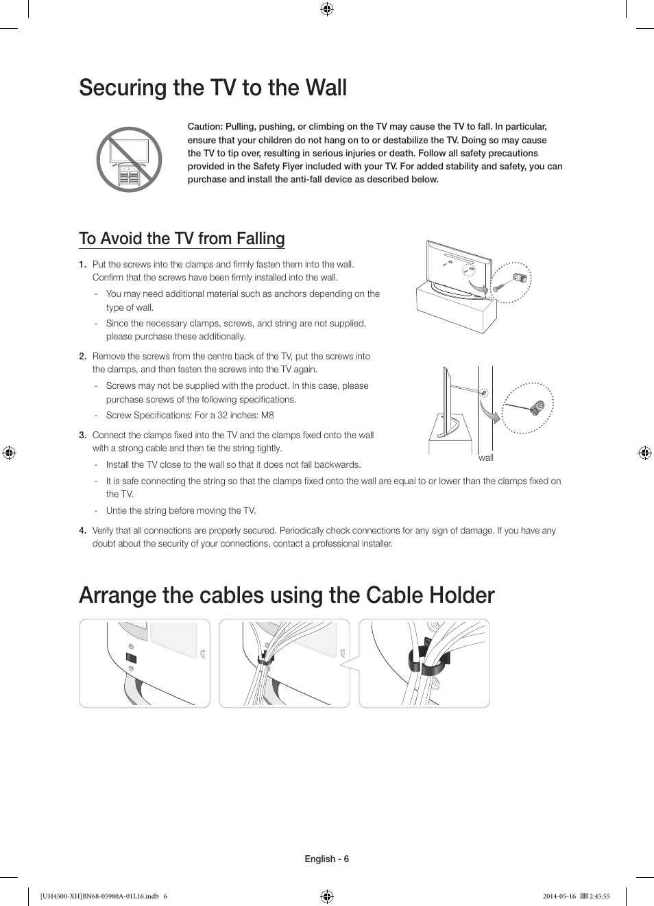 Securing the tv to the wall, Arrange the cables using the cable holder | Samsung UE32H4510AW User Manual | Page 6 / 289