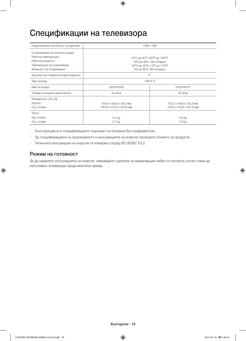 Спецификации на телевизора, Режим на готовност | Samsung UE32H4510AW User Manual | Page 90 / 289