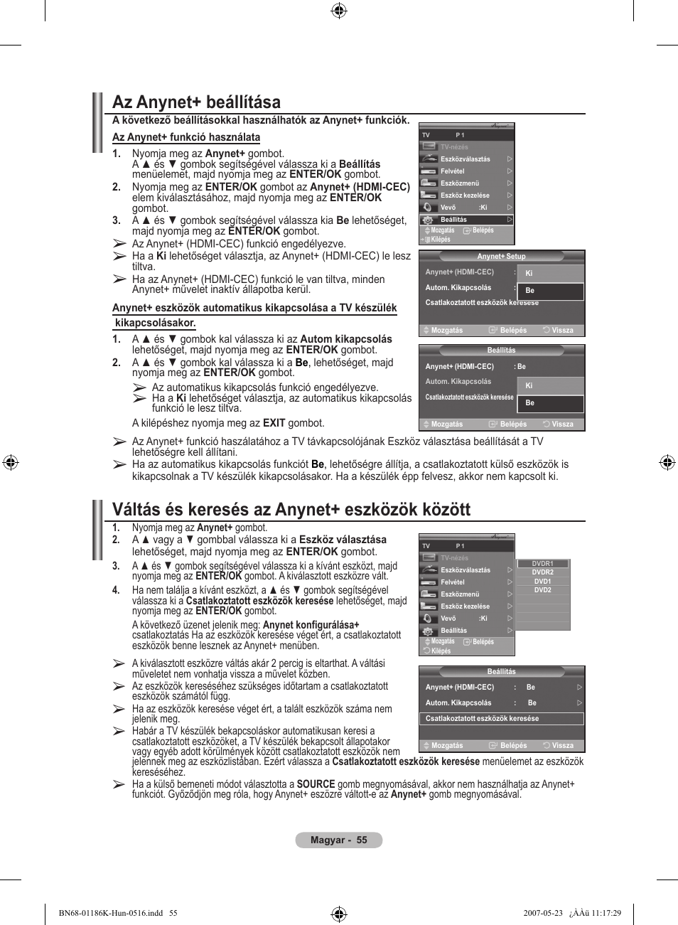 Váltás és keresés az anynet+ eszközök között, Az anynet+ beállítása | Samsung LE32M87BD User Manual | Page 117 / 543