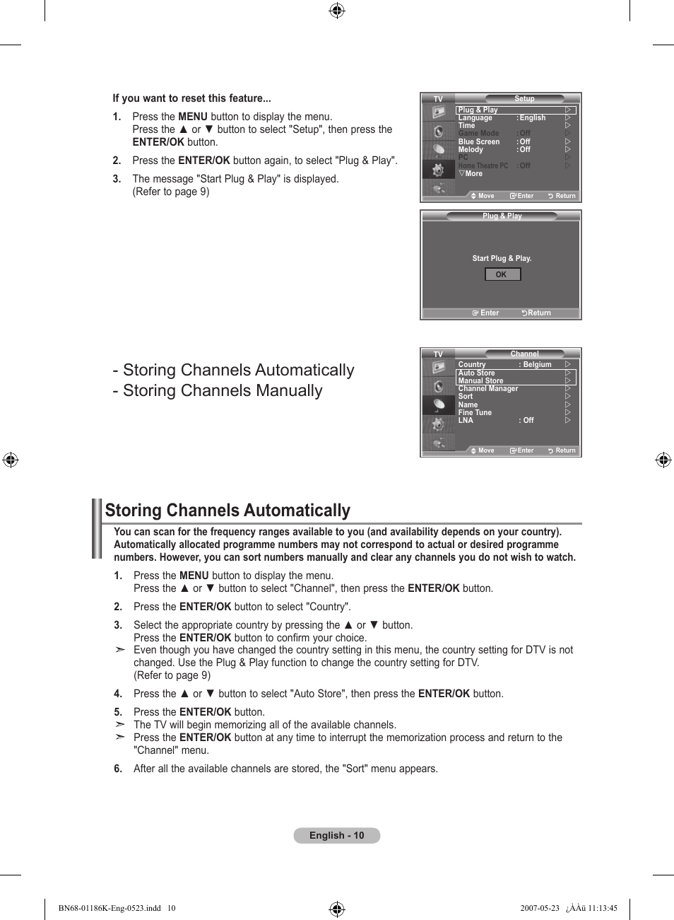 Setting the channels, Storing channels automatically | Samsung LE32M87BD User Manual | Page 12 / 543