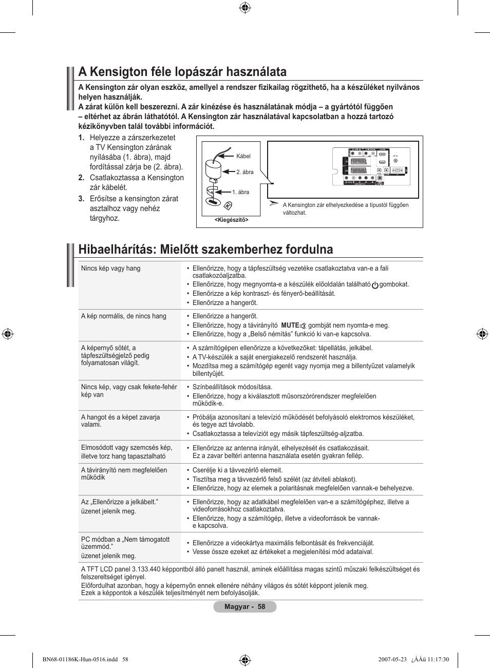 A kensigton féle lopászár használata, Hibaelhárítás: mielőtt szakemberhez fordulna | Samsung LE32M87BD User Manual | Page 120 / 543