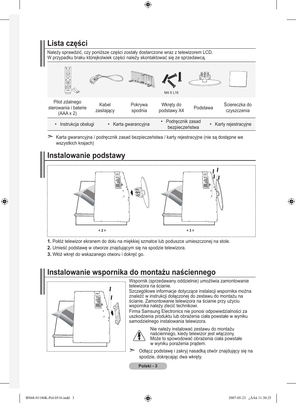 Lista części, Instalowanie podstawy, Instalowanie wspornika do montażu naściennego | Samsung LE32M87BD User Manual | Page 125 / 543