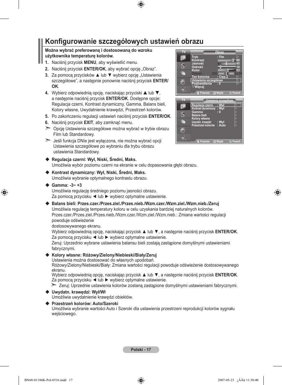 Konfigurowanie szczegółowych ustawień obrazu | Samsung LE32M87BD User Manual | Page 139 / 543