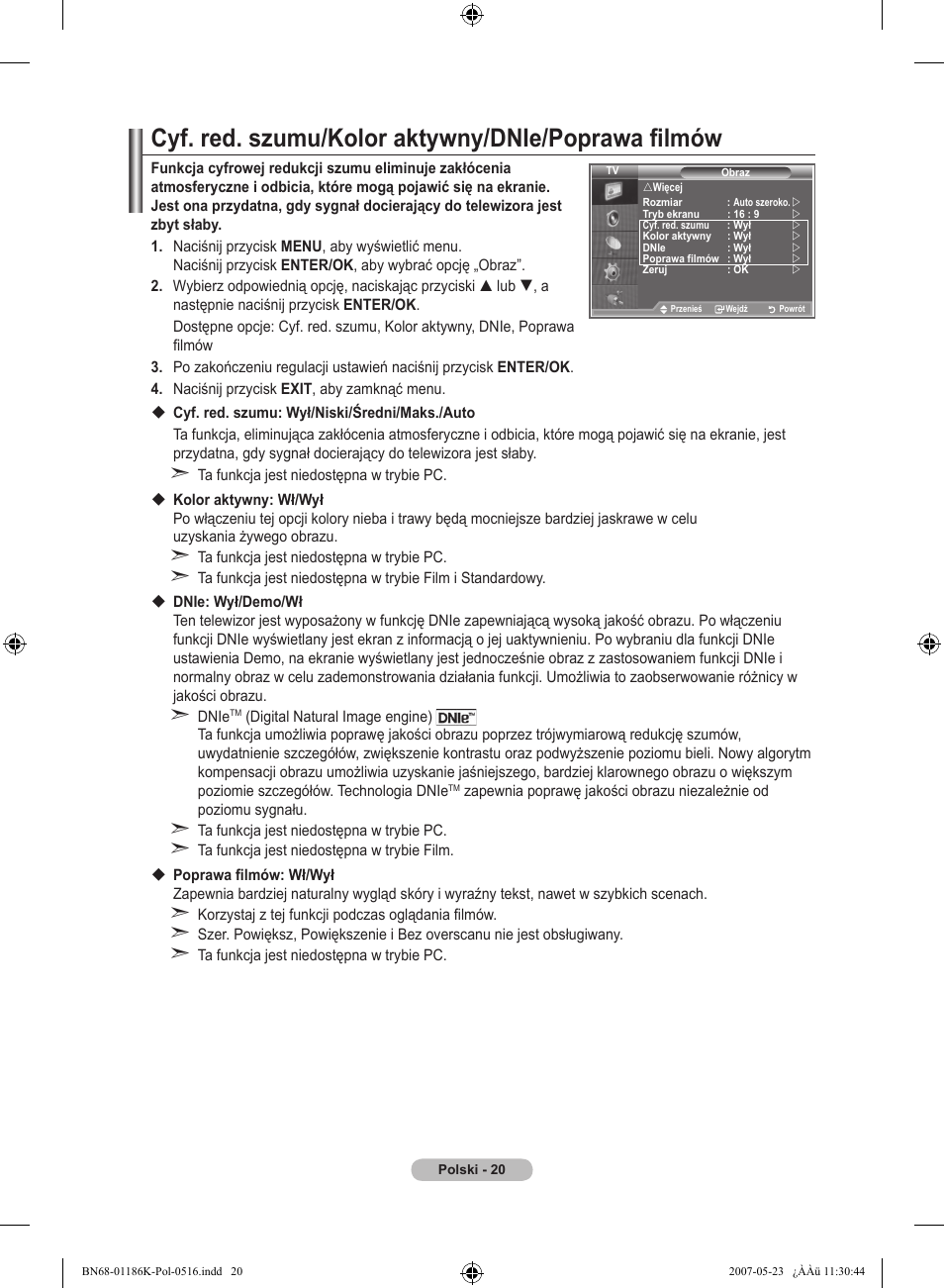 Cyf. red. szumu/kolor aktywny/dnie/poprawa filmów | Samsung LE32M87BD User Manual | Page 142 / 543