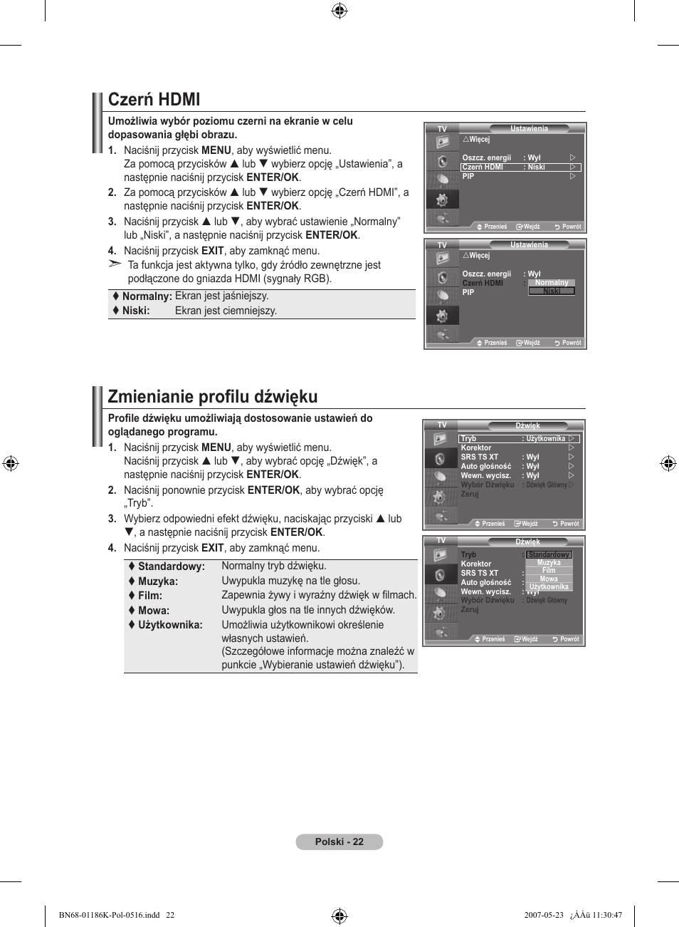 Czerń hdmi, Zmienianie profilu dźwięku | Samsung LE32M87BD User Manual | Page 144 / 543