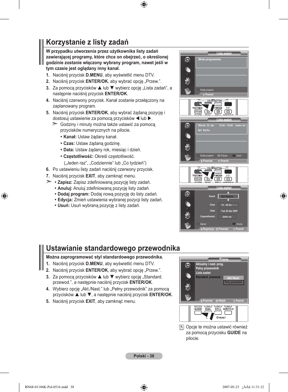 Korzystanie z listy zadań, Ustawianie standardowego przewodnika | Samsung LE32M87BD User Manual | Page 160 / 543