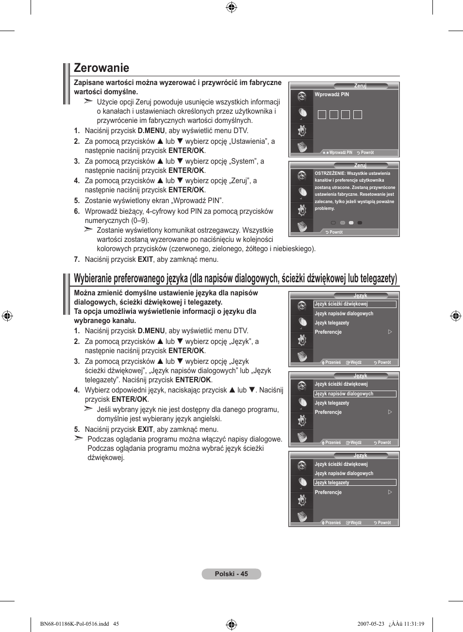 Zerowanie | Samsung LE32M87BD User Manual | Page 167 / 543