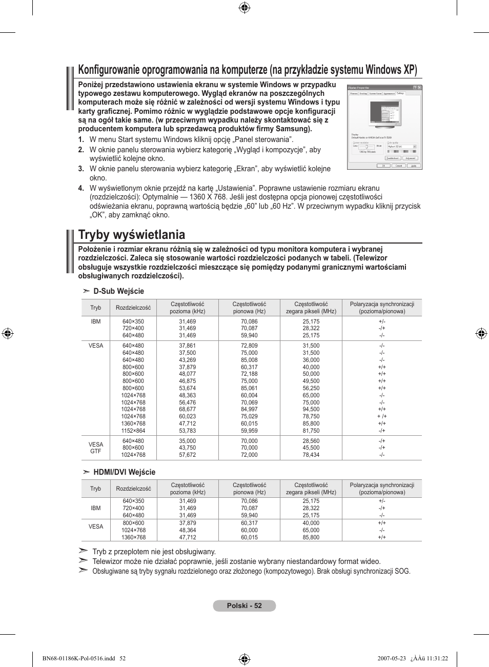 Tryby wyświetlania | Samsung LE32M87BD User Manual | Page 174 / 543