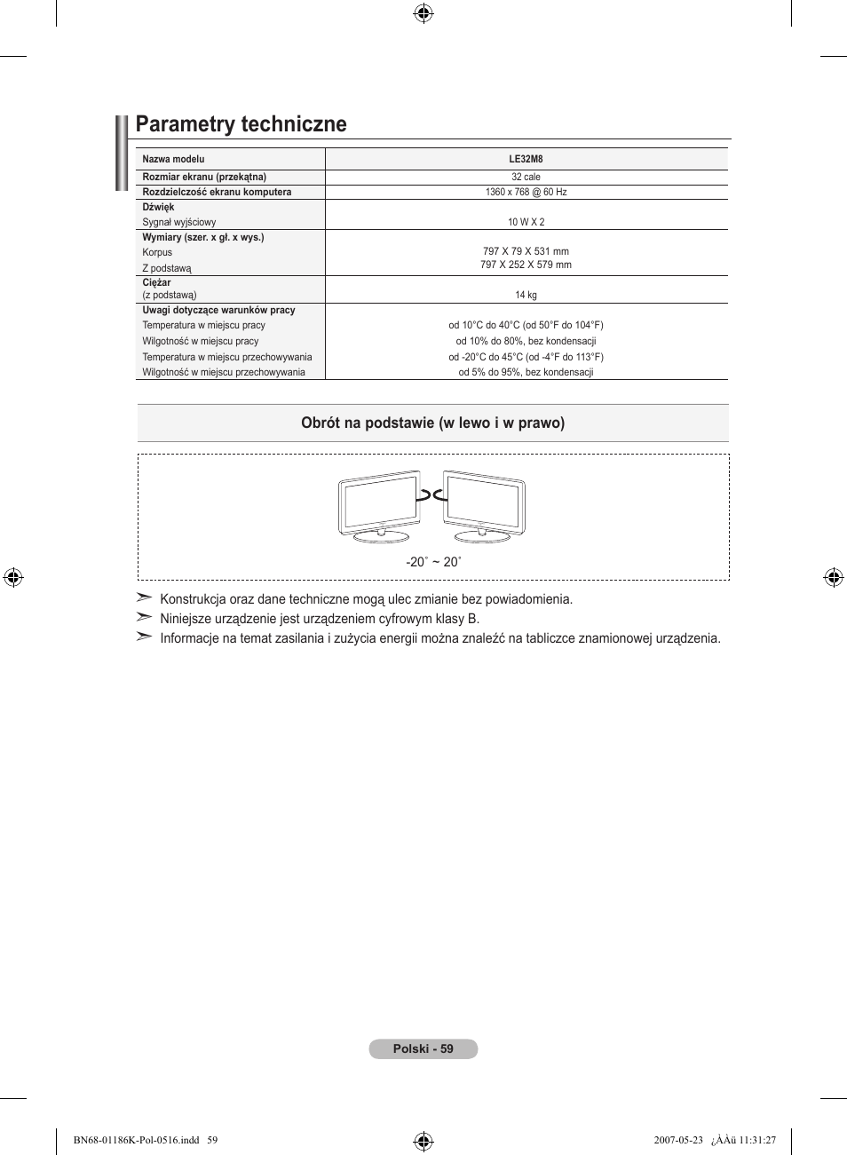 Parametry techniczne, Obrót na podstawie (w lewo i w prawo) | Samsung LE32M87BD User Manual | Page 181 / 543