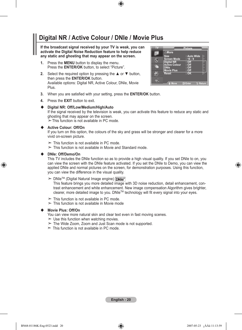 Digital nr / active colour / dnie / movie plus | Samsung LE32M87BD User Manual | Page 22 / 543