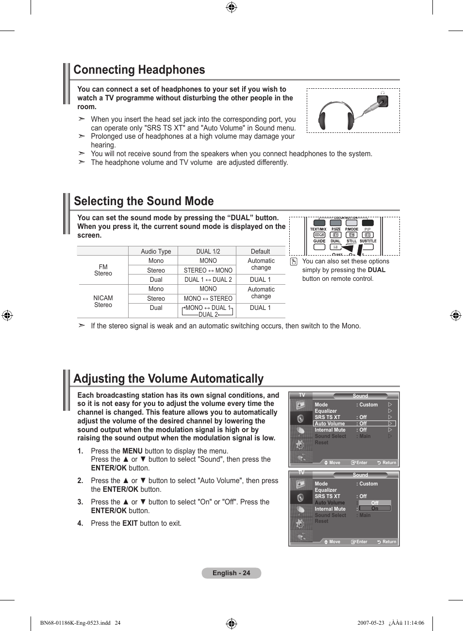 Connecting headphones, Selecting the sound mode, Adjusting the volume automatically | Samsung LE32M87BD User Manual | Page 26 / 543