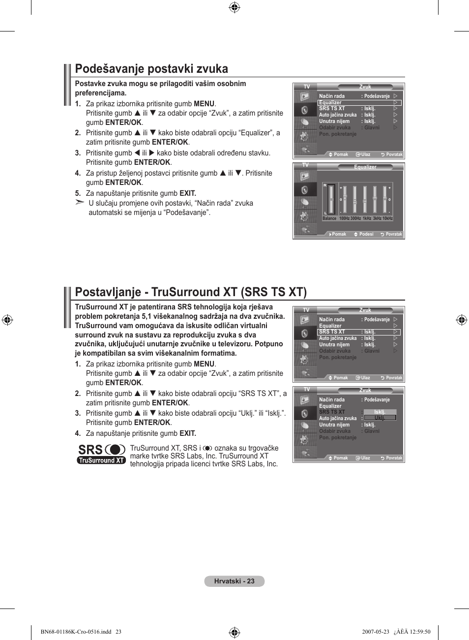 Podešavanje postavki zvuka, Postavljanje - trusurround xt (srs ts xt) | Samsung LE32M87BD User Manual | Page 325 / 543