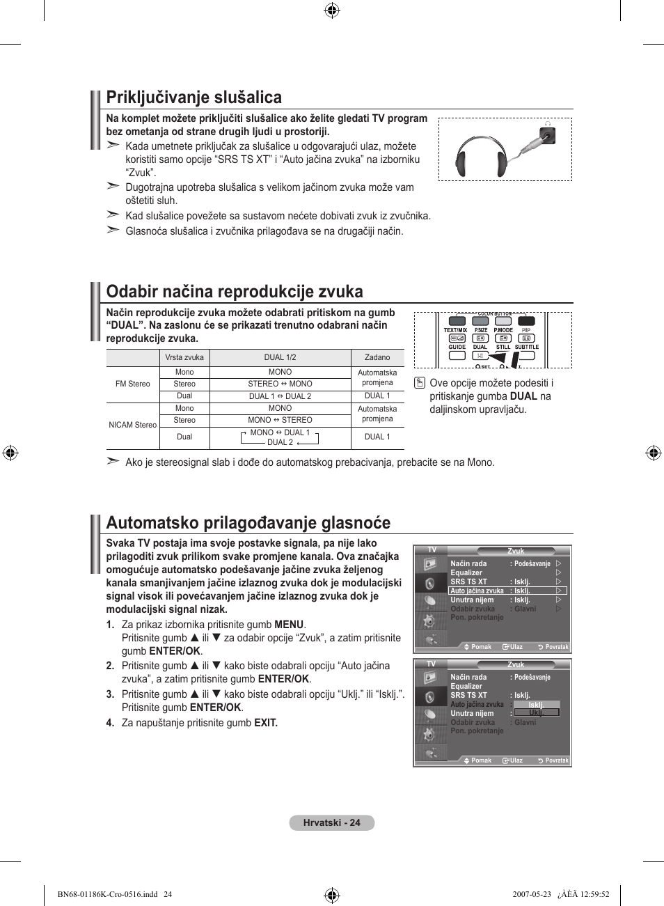 Priključivanje slušalica, Odabir načina reprodukcije zvuka, Automatsko prilagođavanje glasnoće | Samsung LE32M87BD User Manual | Page 326 / 543