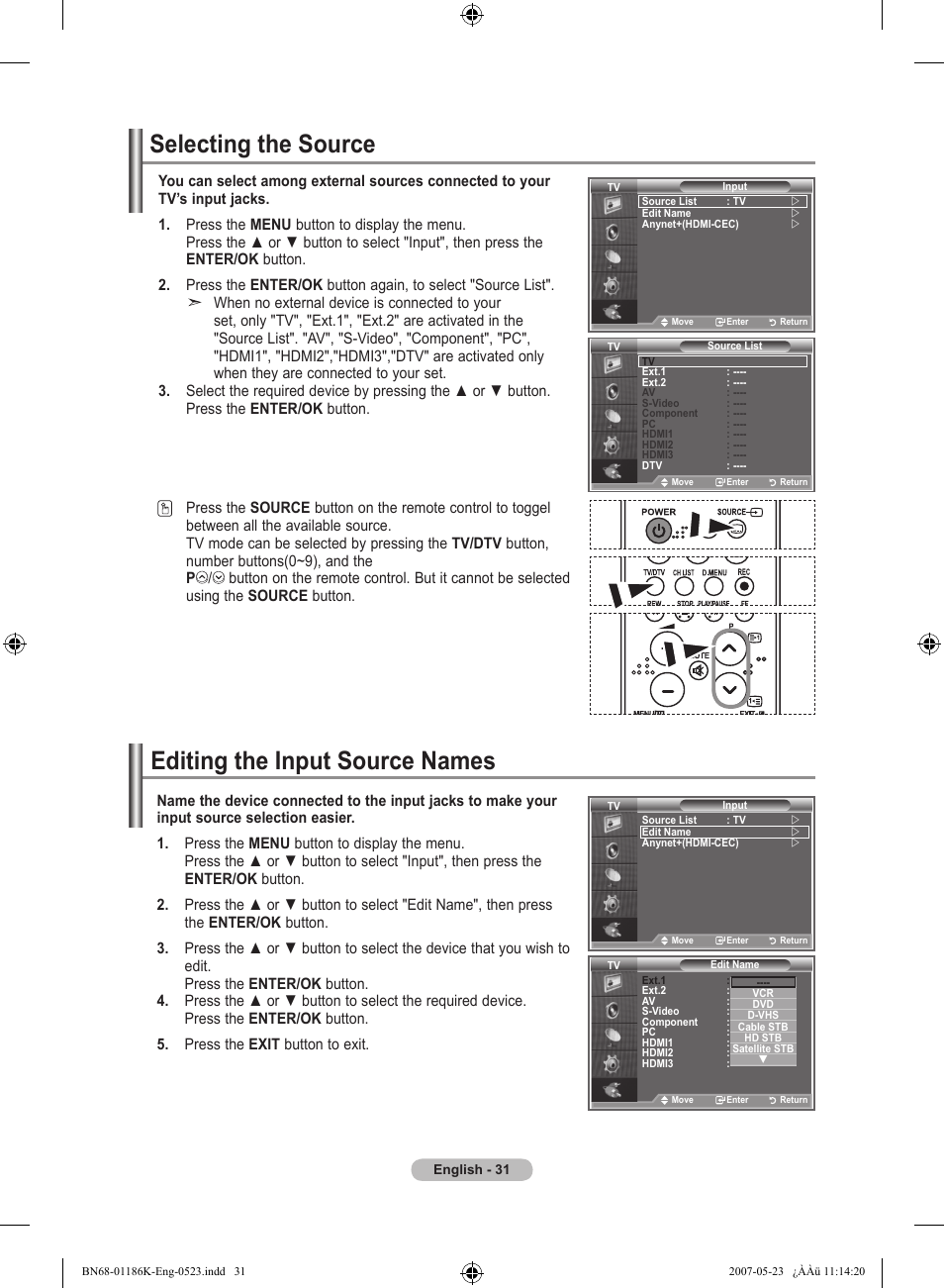 Selecting the source, Editing the input source names | Samsung LE32M87BD User Manual | Page 33 / 543