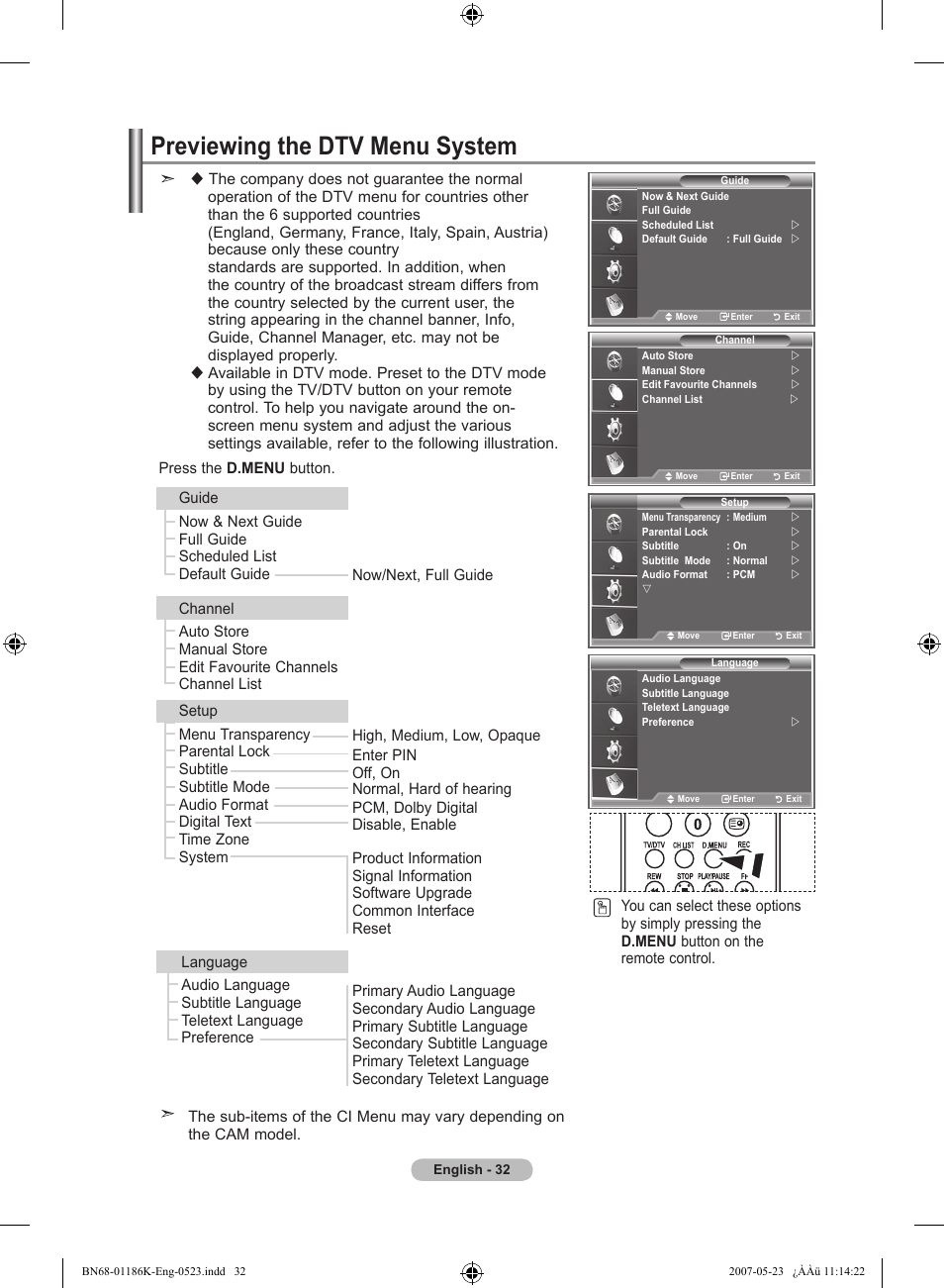 Using the dtv fefture, Previewing the dtv menu system | Samsung LE32M87BD User Manual | Page 34 / 543