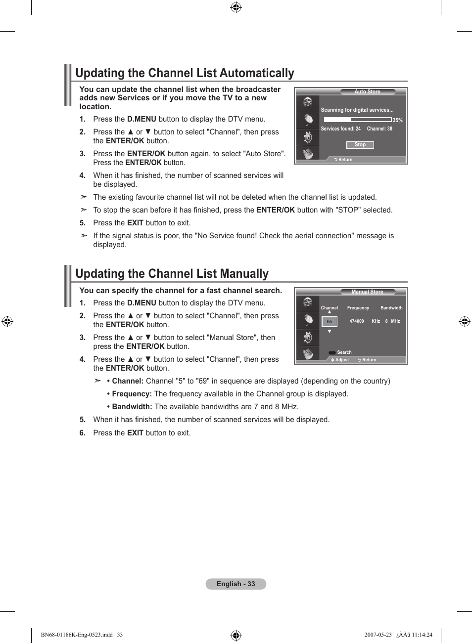 Updating the channel list automatically, Updating the channel list manually | Samsung LE32M87BD User Manual | Page 35 / 543