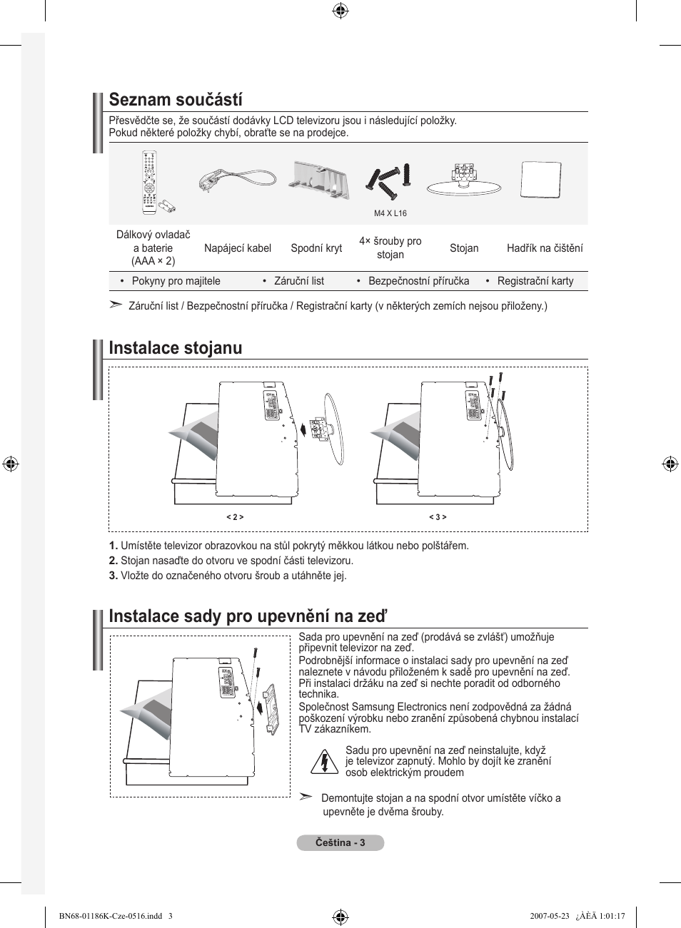 Seznam součástí, Instalace stojanu, Instalace sady pro upevnění na zeď | Samsung LE32M87BD User Manual | Page 365 / 543