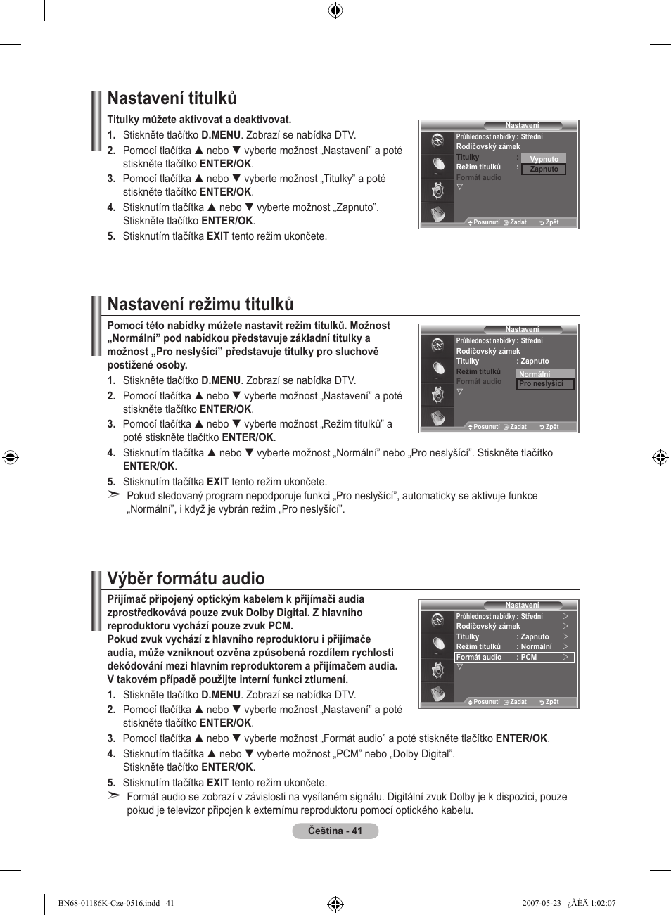 Nastavení titulků, Nastavení režimu titulků, Výběr formátu audio | Samsung LE32M87BD User Manual | Page 403 / 543