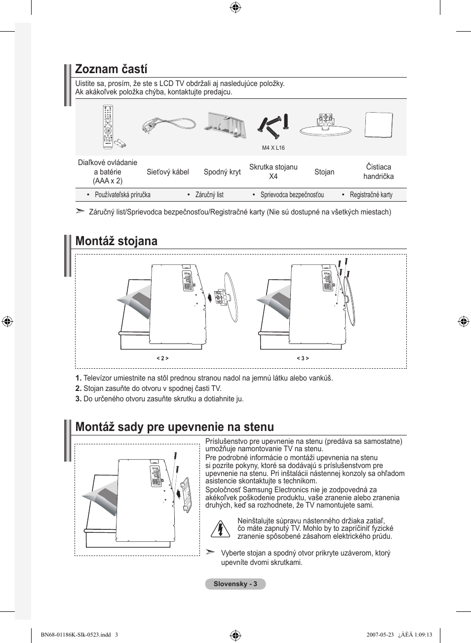 Zoznam častí, Montáž stojana, Montáž sady pre upevnenie na stenu | Samsung LE32M87BD User Manual | Page 425 / 543