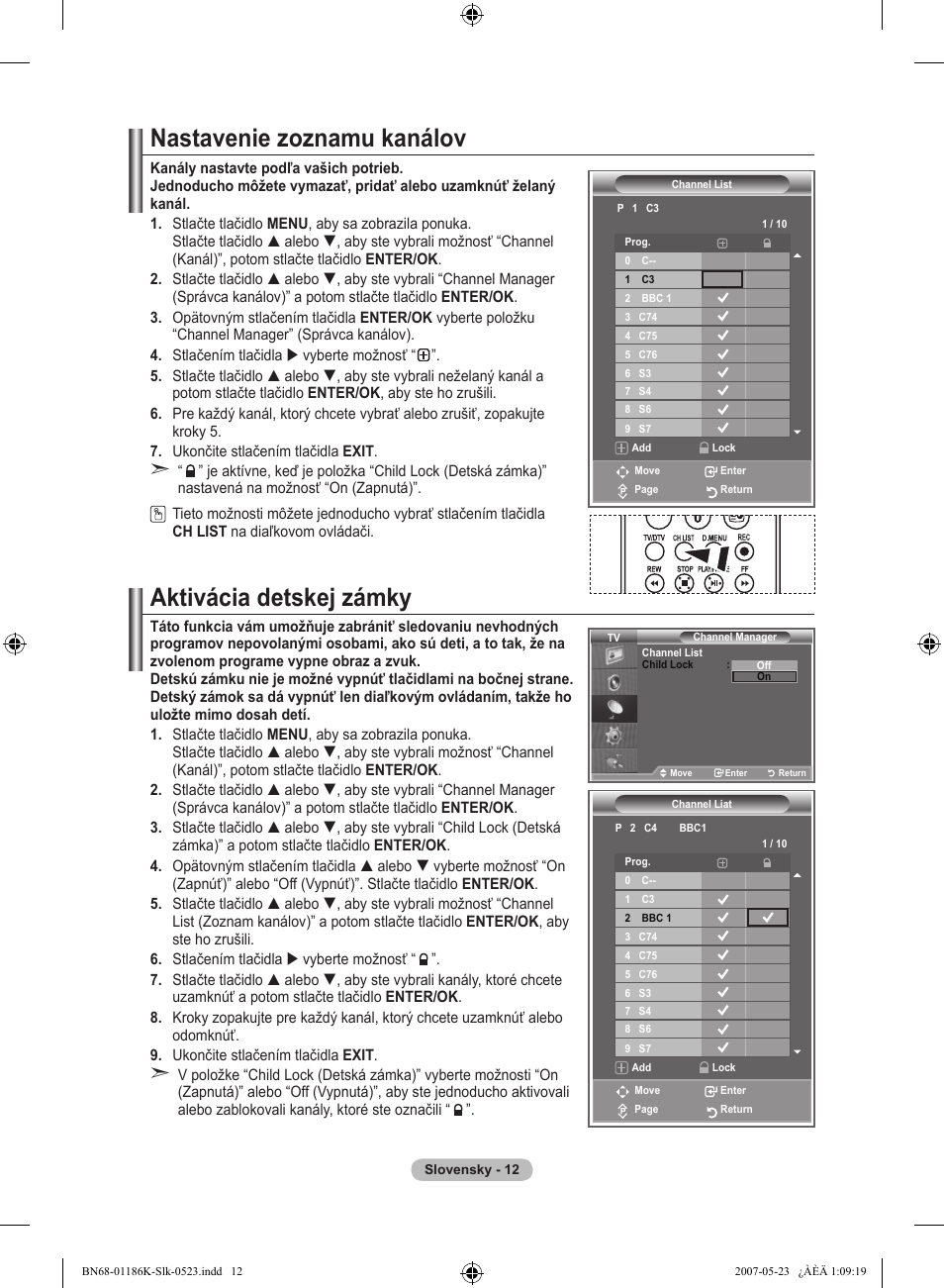 Nastavenie zoznamu kanálov, Aktivácia detskej zámky | Samsung LE32M87BD User Manual | Page 434 / 543