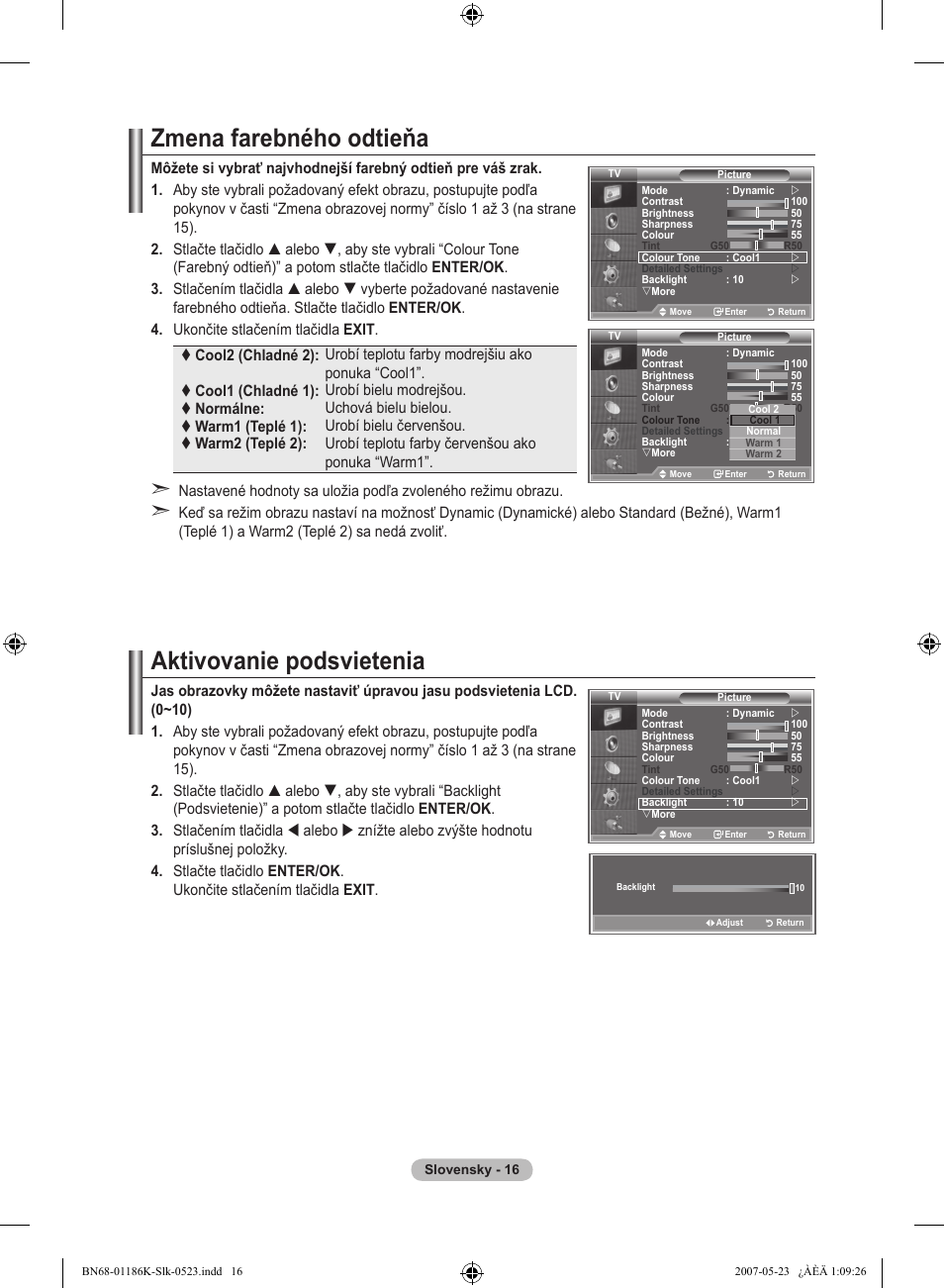 Zmena farebného odtieňa, Aktivovanie podsvietenia | Samsung LE32M87BD User Manual | Page 438 / 543