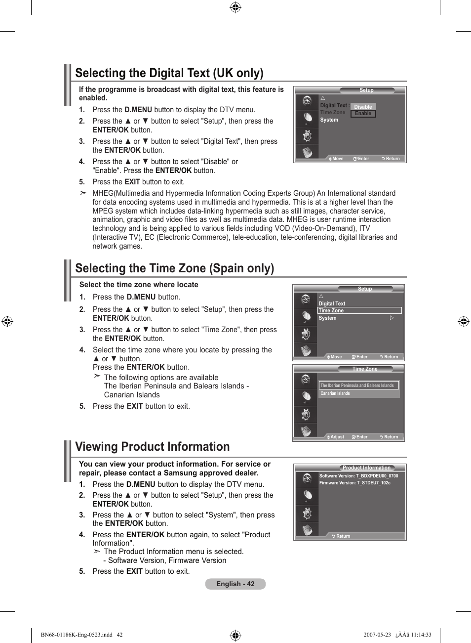 Selecting the digital text (uk only), Selecting the time zone (spain only), Viewing product information | Samsung LE32M87BD User Manual | Page 44 / 543