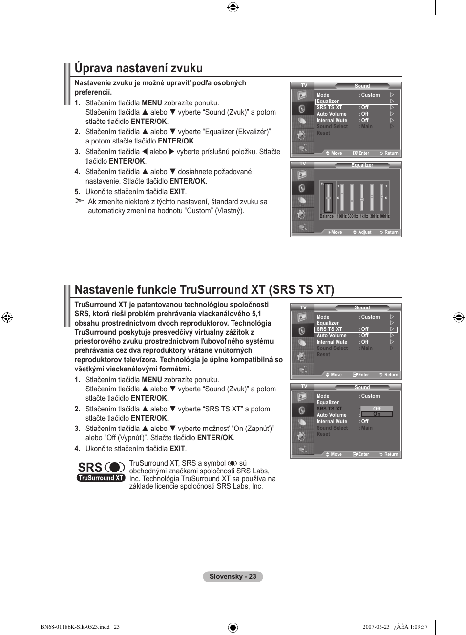 Úprava nastavení zvuku, Nastavenie funkcie trusurround xt (srs ts xt) | Samsung LE32M87BD User Manual | Page 445 / 543