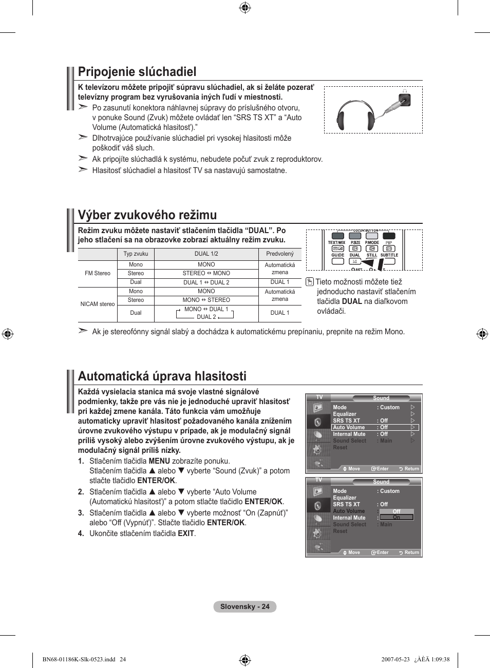 Pripojenie slúchadiel, Výber zvukového režimu, Automatická úprava hlasitosti | Samsung LE32M87BD User Manual | Page 446 / 543