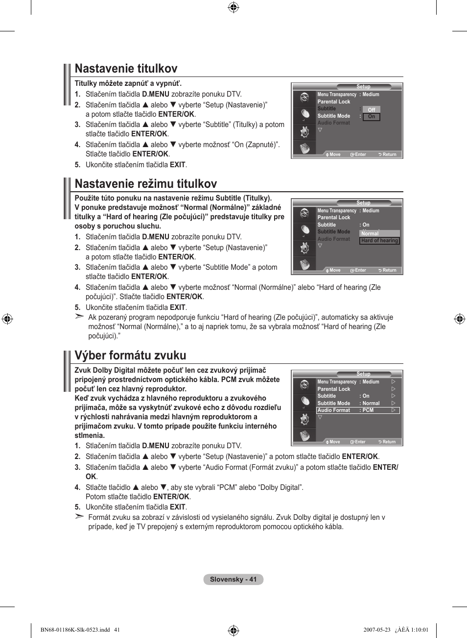 Nastavenie titulkov, Nastavenie režimu titulkov, Výber formátu zvuku | Samsung LE32M87BD User Manual | Page 463 / 543